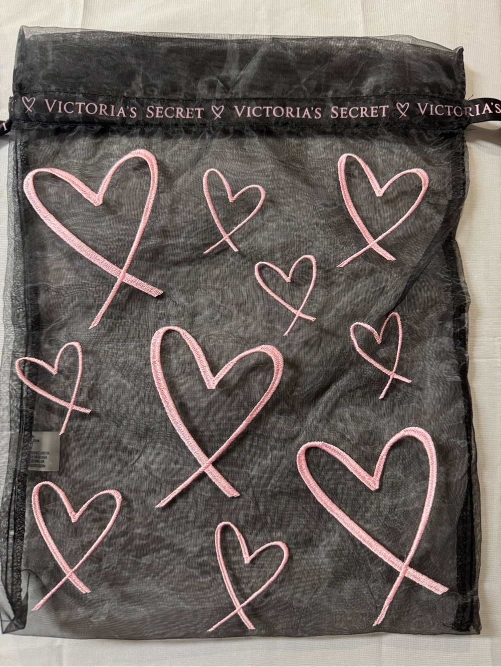 Victoria's Secret Black Mesh lingerie/socks bag w/ Iconic logo/Pink Hearts -NWOT